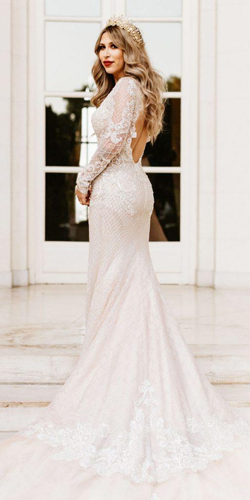 vintage wedding dresses sheath with long sleeves open back lace berta