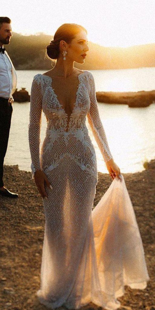 beach wedding dresses sheath with long sleeves deep v neckline galialahav