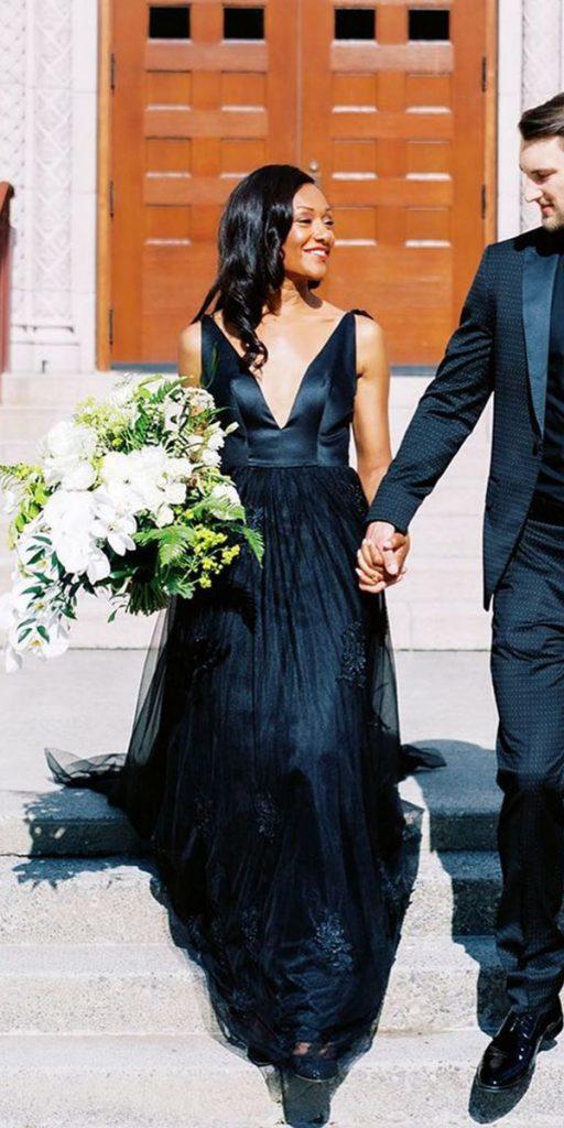 black wedding dresses a line tulle skirt v neckline frenchknotcouture