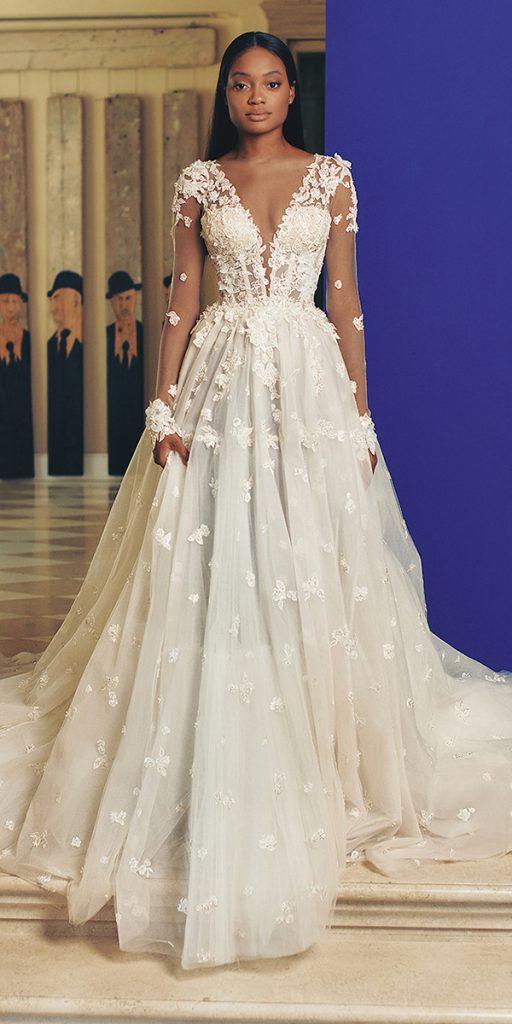 bohemian wedding dresses a line with long sleeves deep v neckline floral galia lahav