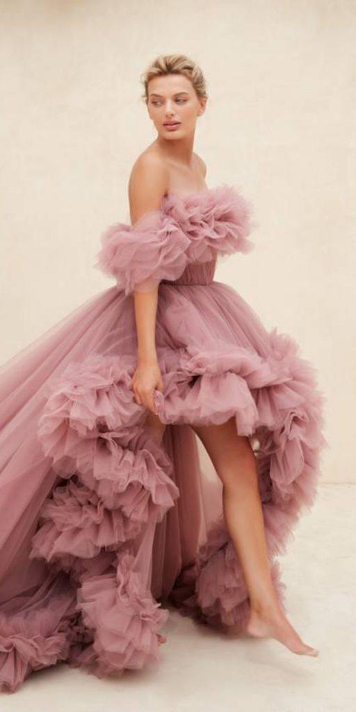 colored wedding dresses pink off the shoulder high low simple e