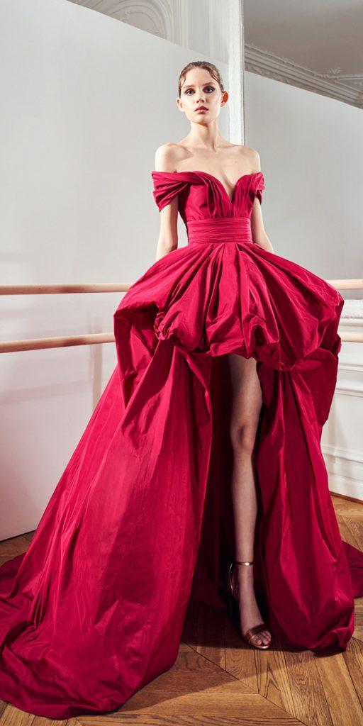 colored wedding dresses red simple high low off the shoulder zuhair murad