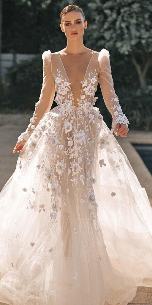 illusion long sleeve wedding dresses deep v neckline floral appliques with sleeves berta