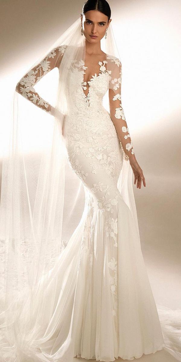 illusion long sleeve wedding dresses fit and flare lace sweetheart neckline pronovias