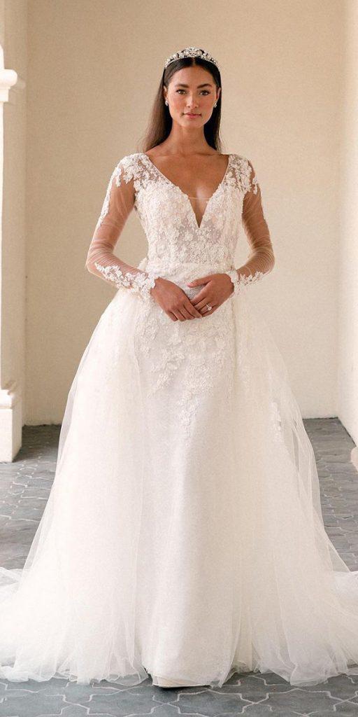 illusion long sleeve wedding dresses sheath with overskirt train pronovias