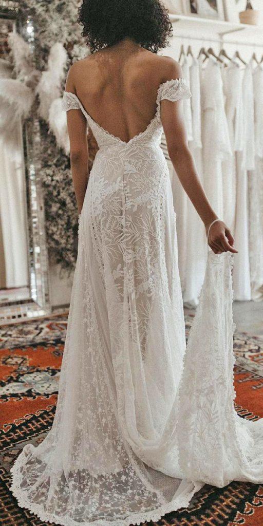 lace boho wedding dresses a line off the shoulder low back dreamersandlovers