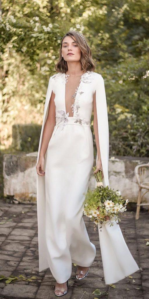 lace boho wedding dresses sheath plunging neckline with cape aliciaruedaatelier