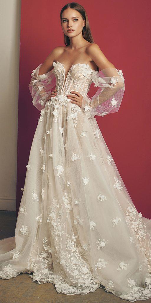 lace boho wedding dresses sweetheart strapless neckline with puff sleeves galia lahav