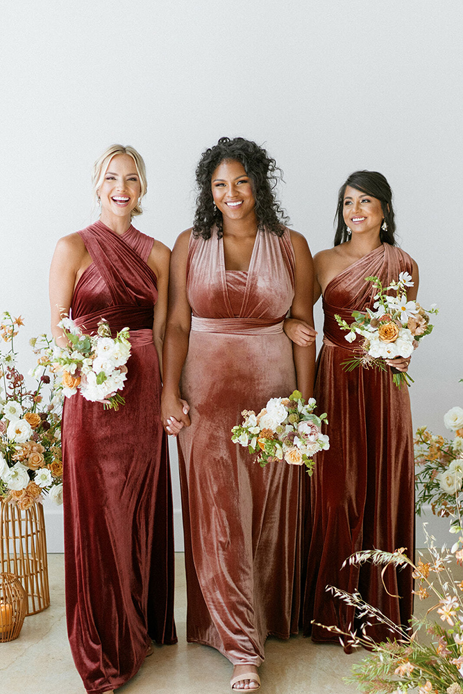 mismatched bridesmaid dresses long simple velvet revelry