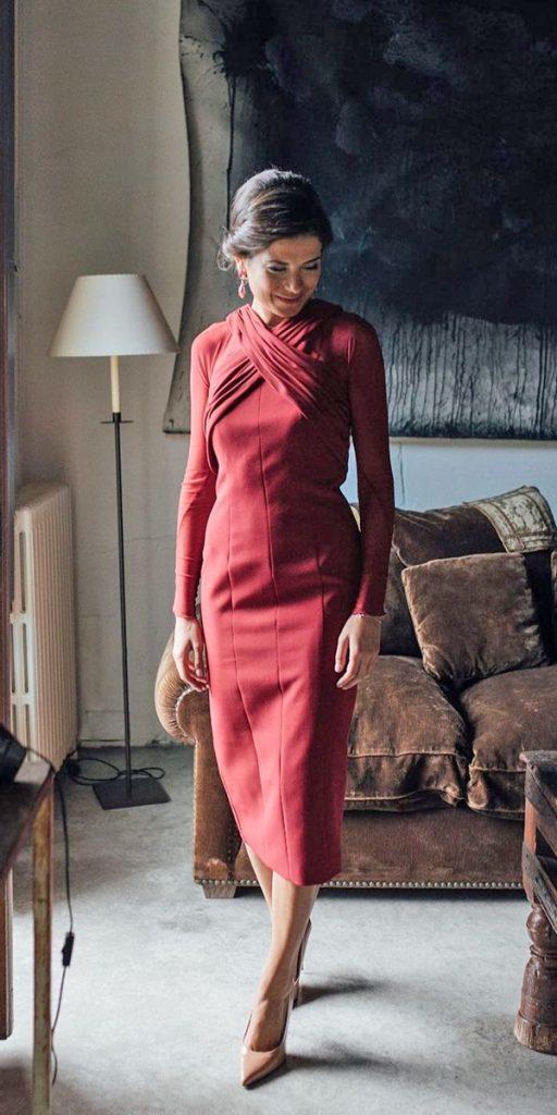  mother of the bride dresses tea length with long sleeves dark red for fall winter kinvitadas