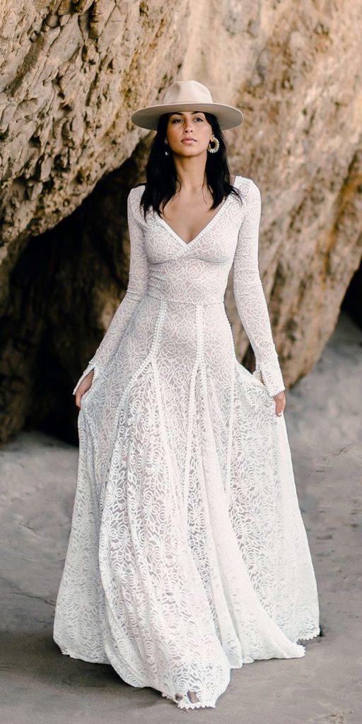 rustic lace wedding dresses a line with long sleeves v neckline wear your love