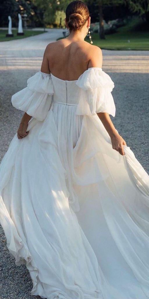 simple wedding dresses a line with puff sleeves low back leegrebenau