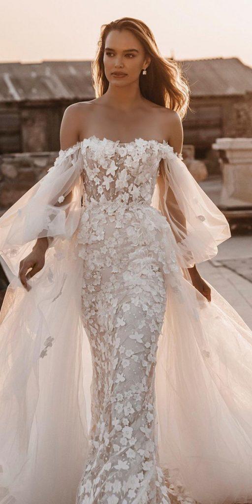 sweetheart mermaid wedding dresses off the shoulder puff sleeves withl overskirt millanova