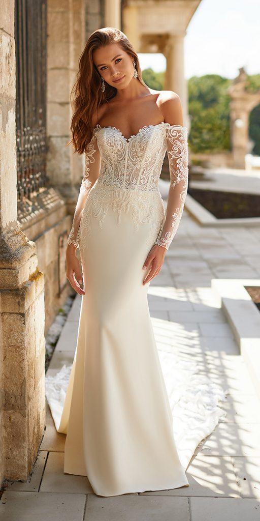 trendy wedding dresses sheath off the shoulder with sleeves val stefani