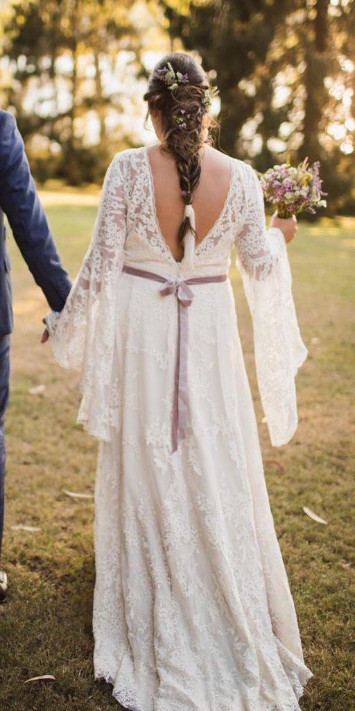 vintage lace wedding dresses sheath v back with sleeves sommera