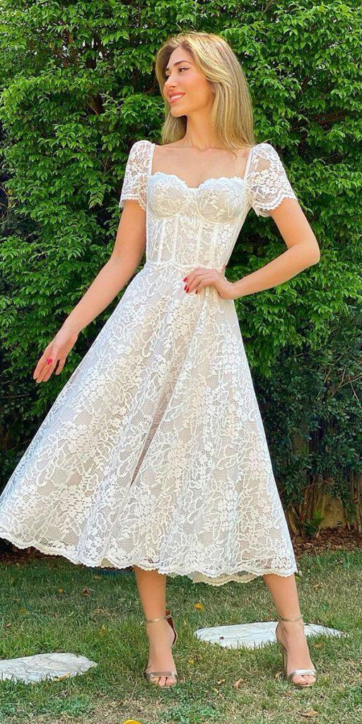 vintage lace wedding dresses tea length sweetheart neckline with cap sleeves isabellanarchi