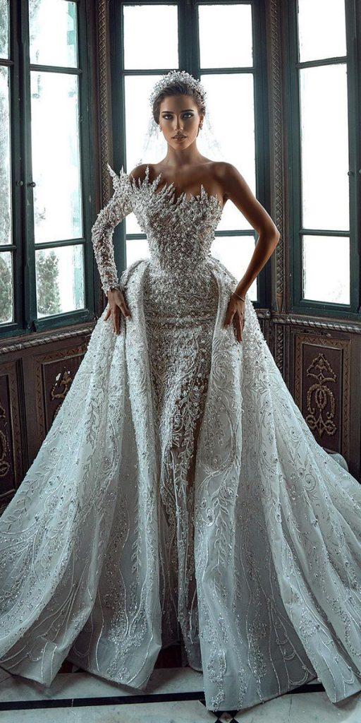 vintage wedding dresses with sleeves with overskirt pearls one shoulder saidmhamad