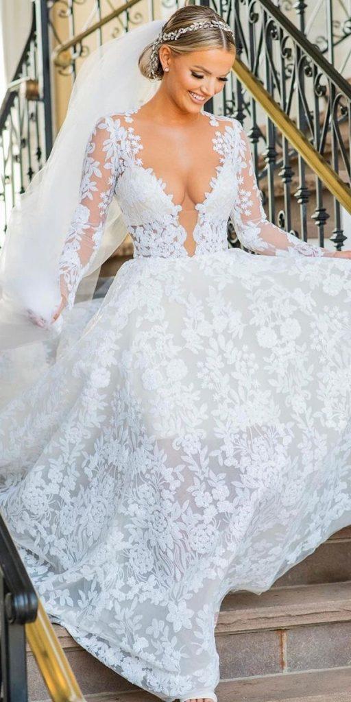 bridal gowns with sleeves a line lace sexy deep v neckline pninatornai