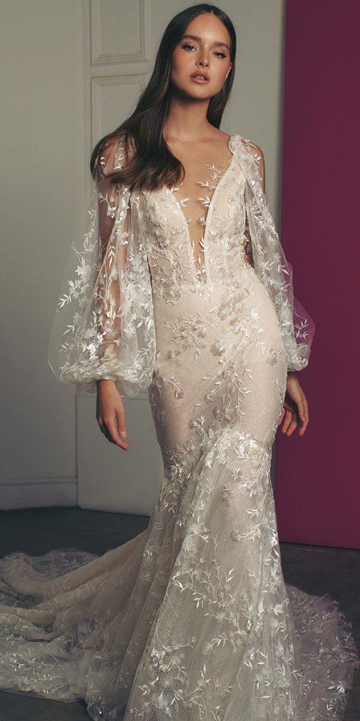 bridal gowns with sleeves fit and flare v neckline coutnry galia lahav