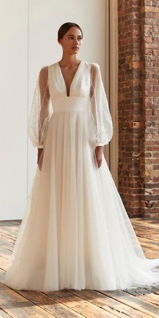 bridal gowns with sleeves simple romantic v neckline sassiholford