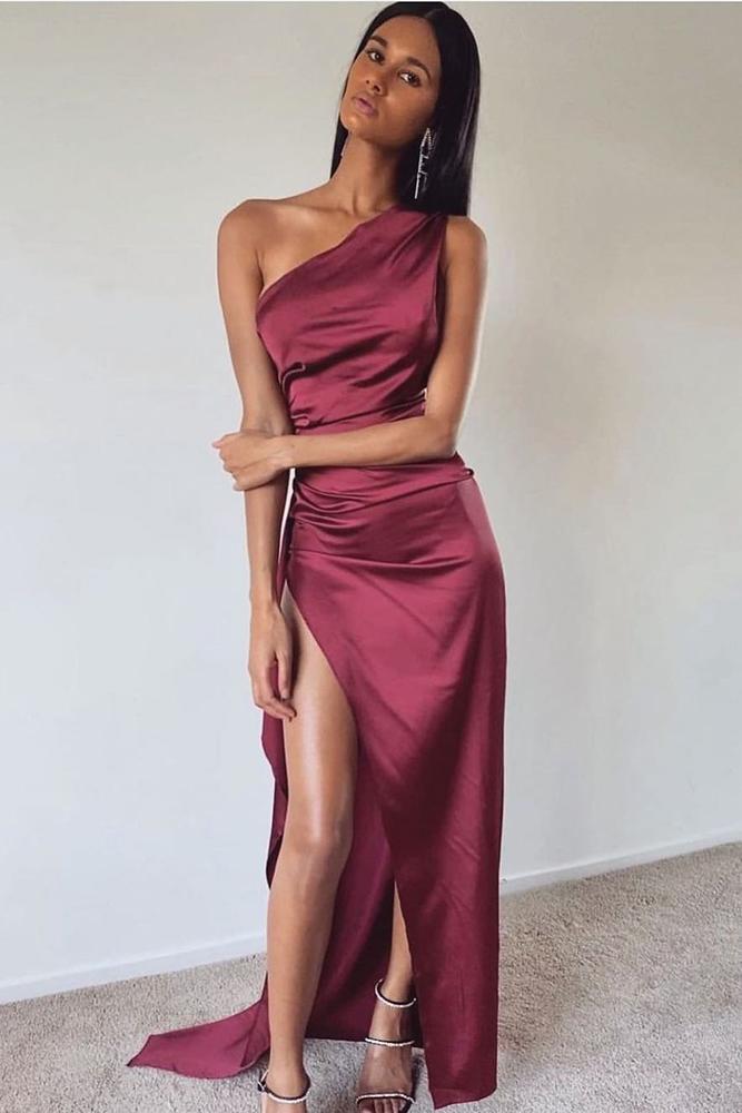 burgundy bridesmaid dresses simple long one shoulder whiterunway