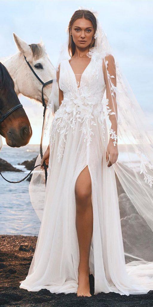 destination wedding dresses boho with slit floral appliques pronovias