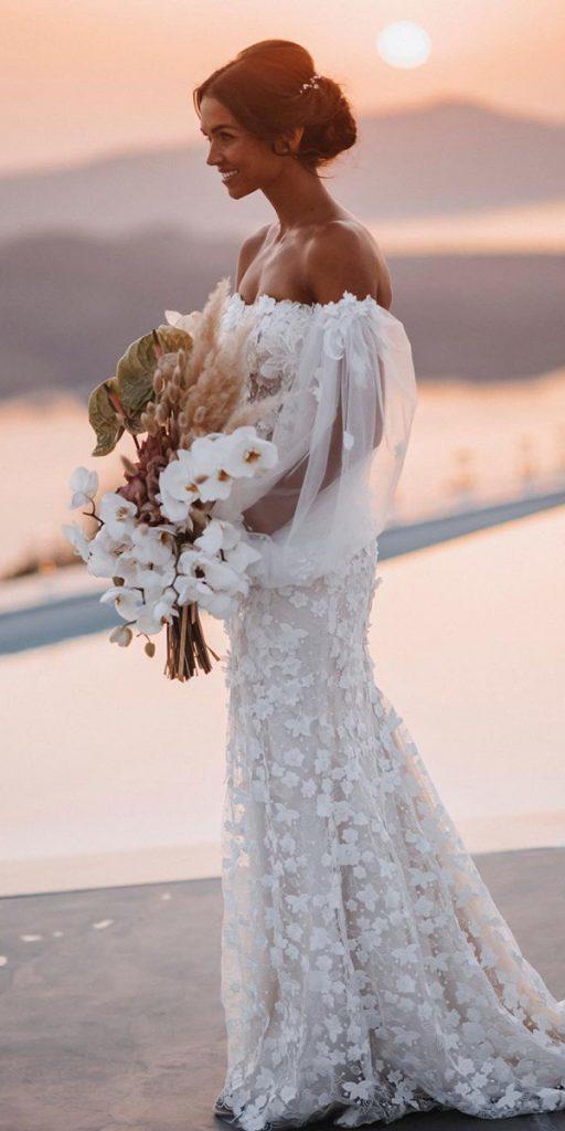 destination wedding dresses sheath off the shoulder floral beach tali__photography