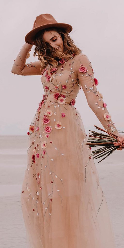 floral wedding dresses colored blush with long sleeves aw bridal