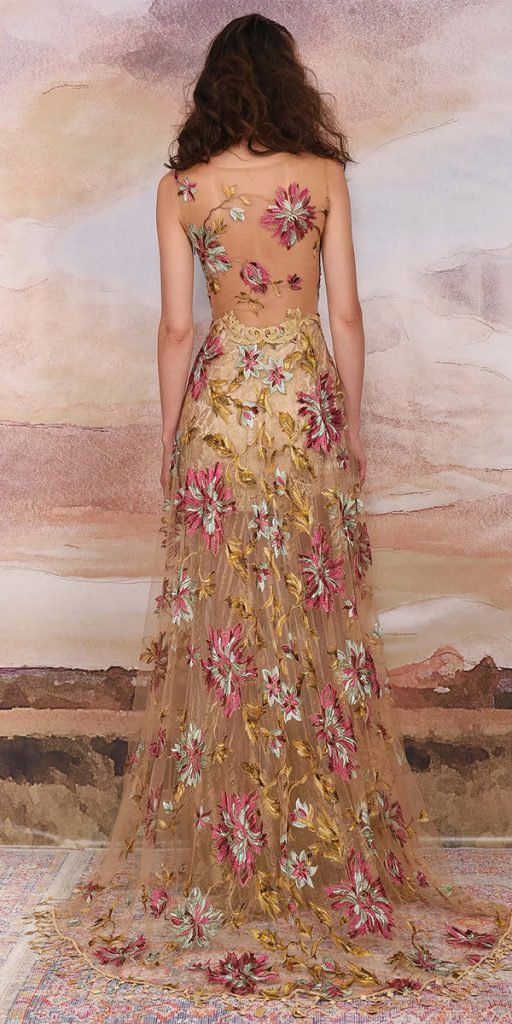 floral wedding dresses gold colored illusion back clairepettibone