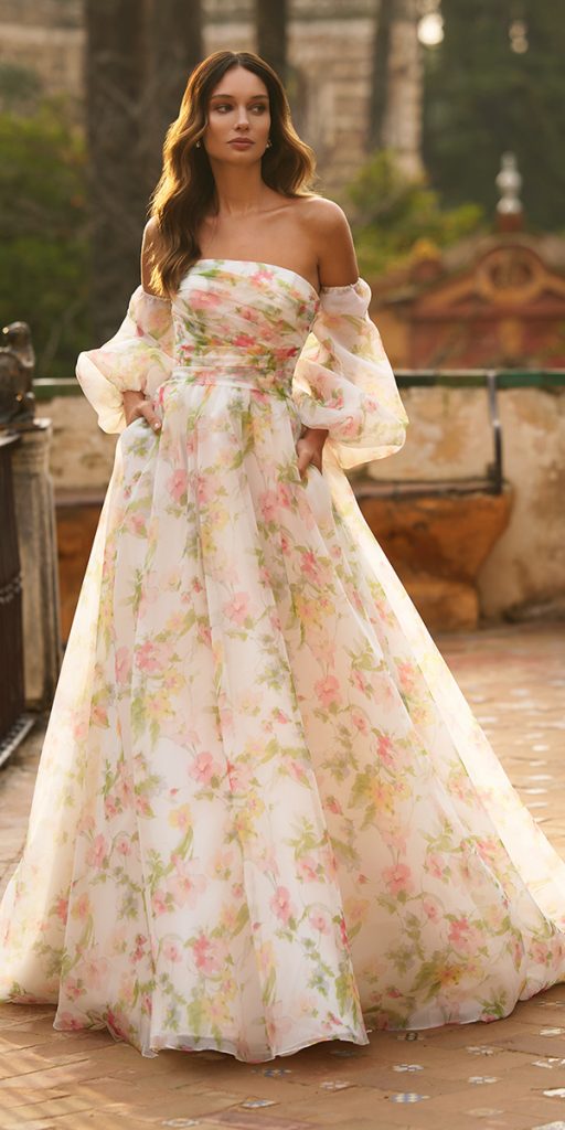 floral wedding dresses strapless neckline watercolor with puff sleeves moonight