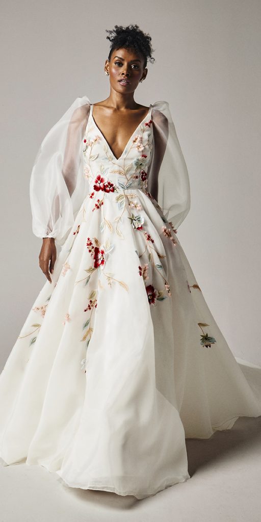 floral wedding dresses v neckline white with sleeves rebeccaschoneveld
