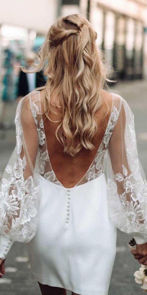  lace short wedding dresses with sleeves v back beach rimearodaky