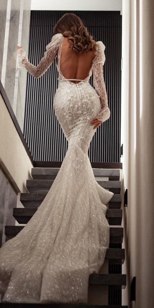 mermaid wedding dresses with long sleeves open back sequins pallascouture