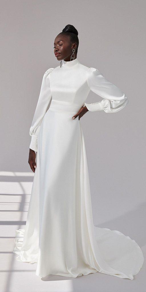 modest wedding dresses with sleeves sheath high neck simple justin alexander