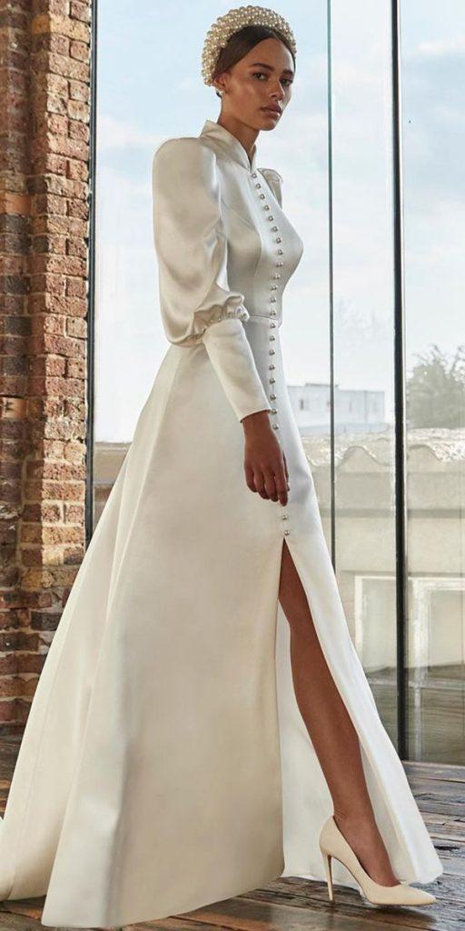 simple wedding dresses with sleeves modest with slit high neck sassi holfold