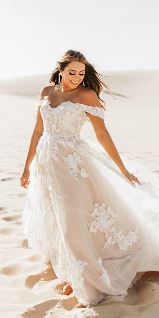 summer wedding dresses a line lace off the shoulder madilane
