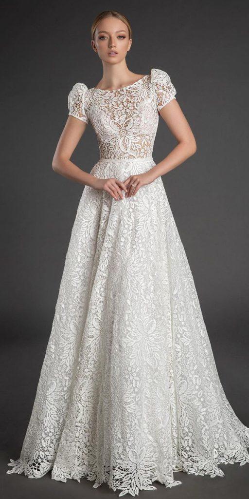 unique lace wedding dresses a line with cap sleeves modest pninatornai