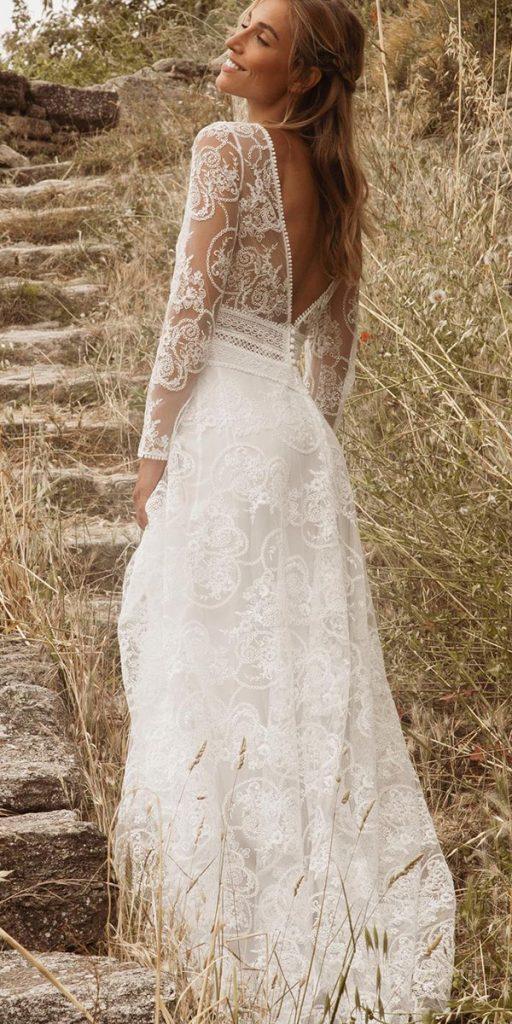  vintage wedding dresses a line rustic lace with long sleeves v back marielaportecreatrice