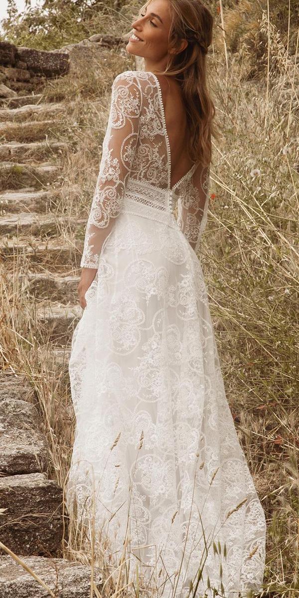 vintage wedding dresses a line rustic lace with long sleeves v back marielaportecreatrice