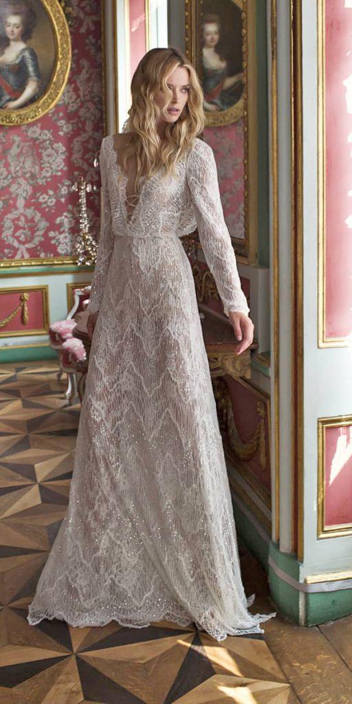 vintage wedding dresses a line with long sleeves sequins v neckline lian_rokman
