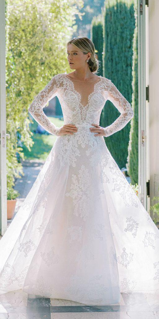 wedding dresses with lace sleeves a line deep v neckline anne barge