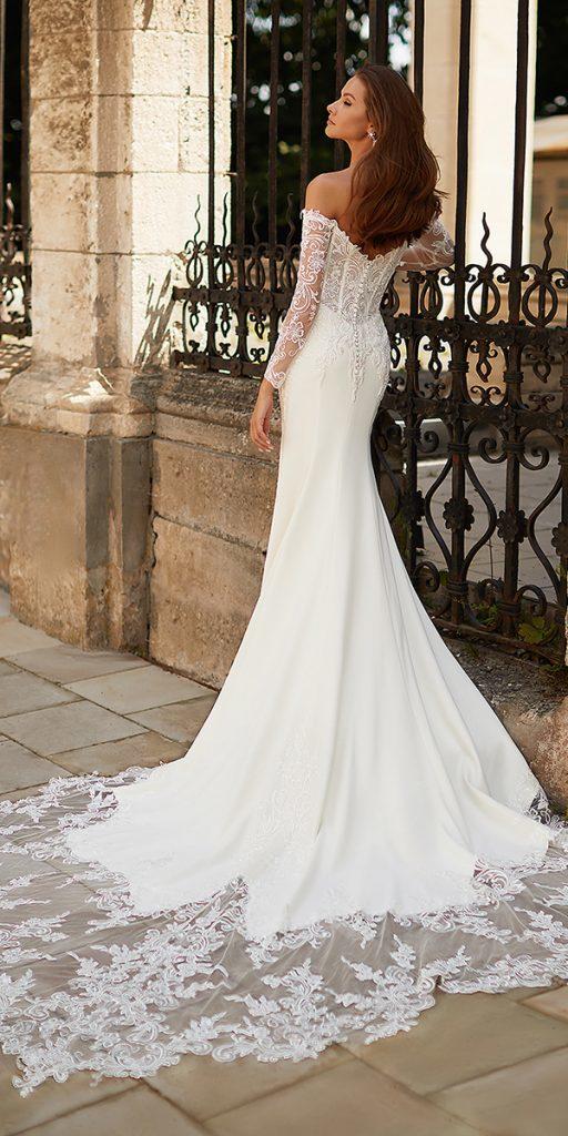 wedding dresses with lace sleeves fit and flare open back val stefani
