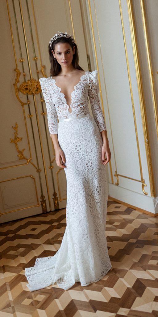 wedding dresses with lace sleeves sheath with sleeves deep v neckline vintage daalarna
