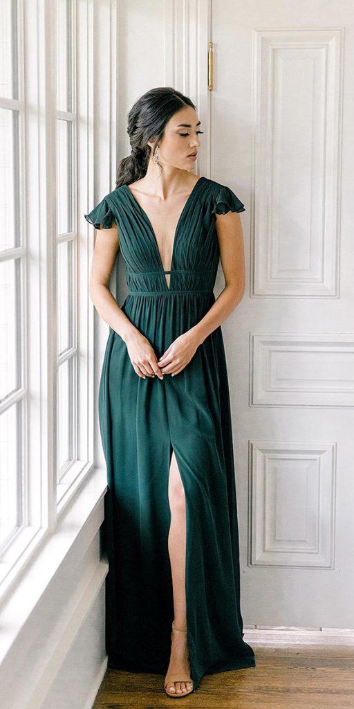 wedding guest designer dresses long deep v neckline green shoprevelry