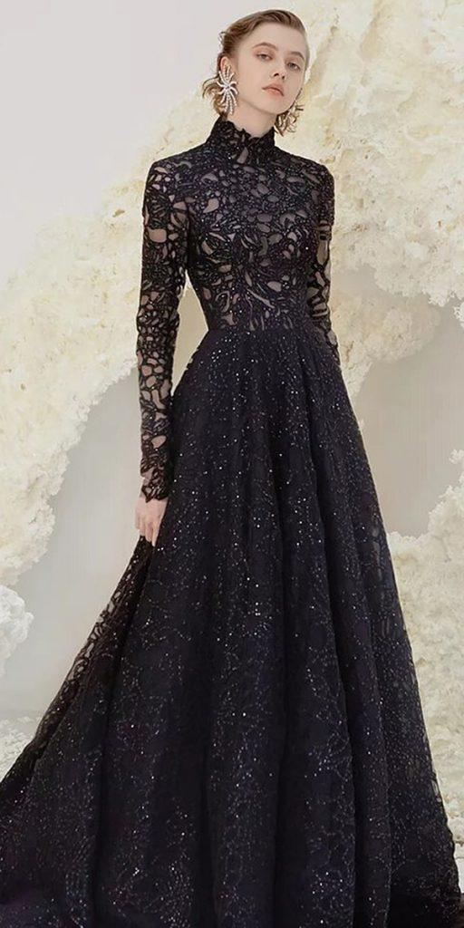 black wedding a line with long sleeves lace beauti comme toi