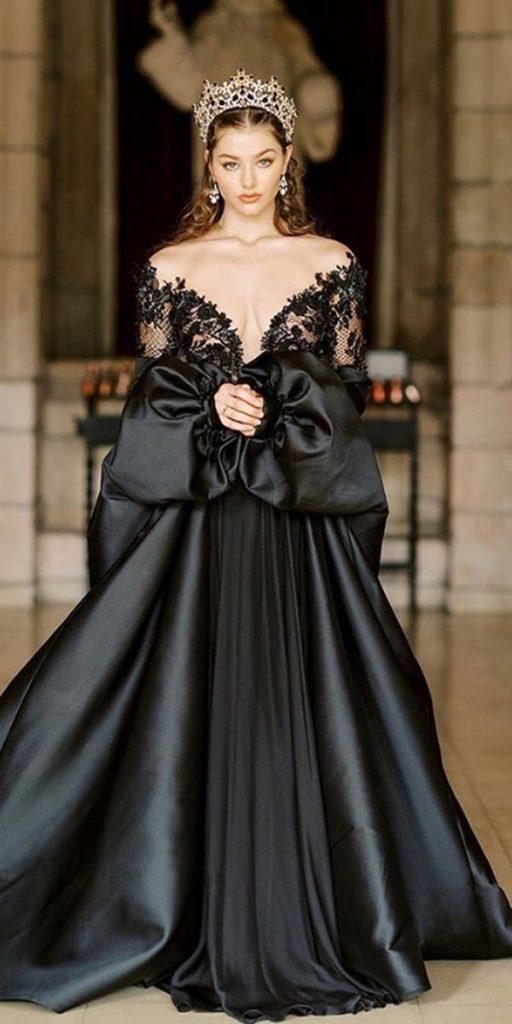 black wedding dresses ball gown with sleeves lace plunging neckline edenluxebridal