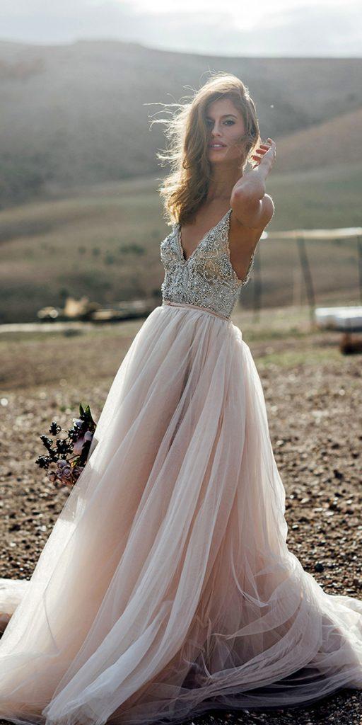  blush wedding dresses a line with spaghetti straps beaded top tali