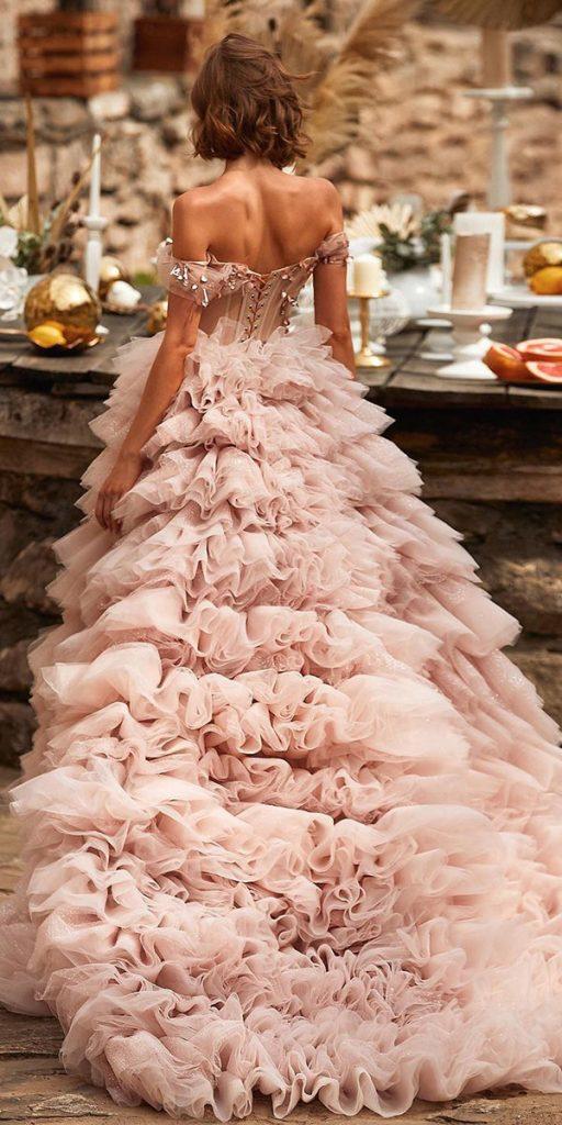  blush wedding dresses ball gown off the shoulder low back ruffled skirt millanova