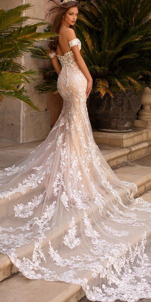  blush wedding dresses fit and flare off the shoulder lace train moonlight