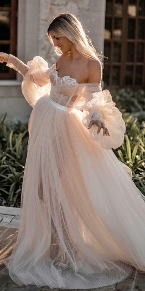 blush off shoulder wedding dress